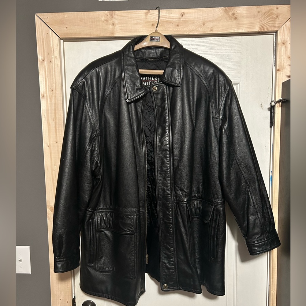 Leather Limited vintage black leather car coat.Size XXL